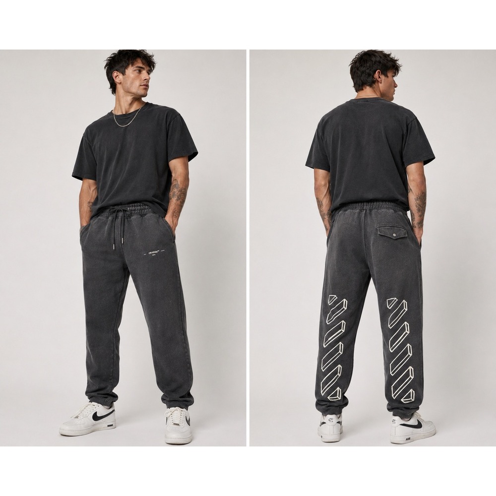 Off-White‎ Sweatpants Mens XXS Faded Black 3D Diagonal Stripes FW18 Joggers